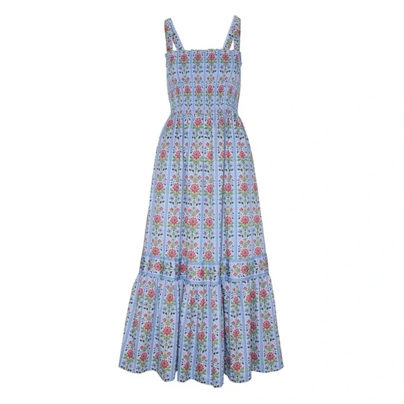 Hill House Anjuli Nap Smocked Cotton Midi Maxi Dress Blue Floral Block Stripe - Picture 1 of 10